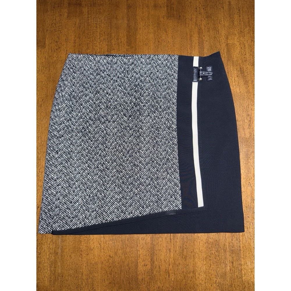 White House Black Market Skirt Sz 8 Black White Herringbone Tweed Faux Wrap